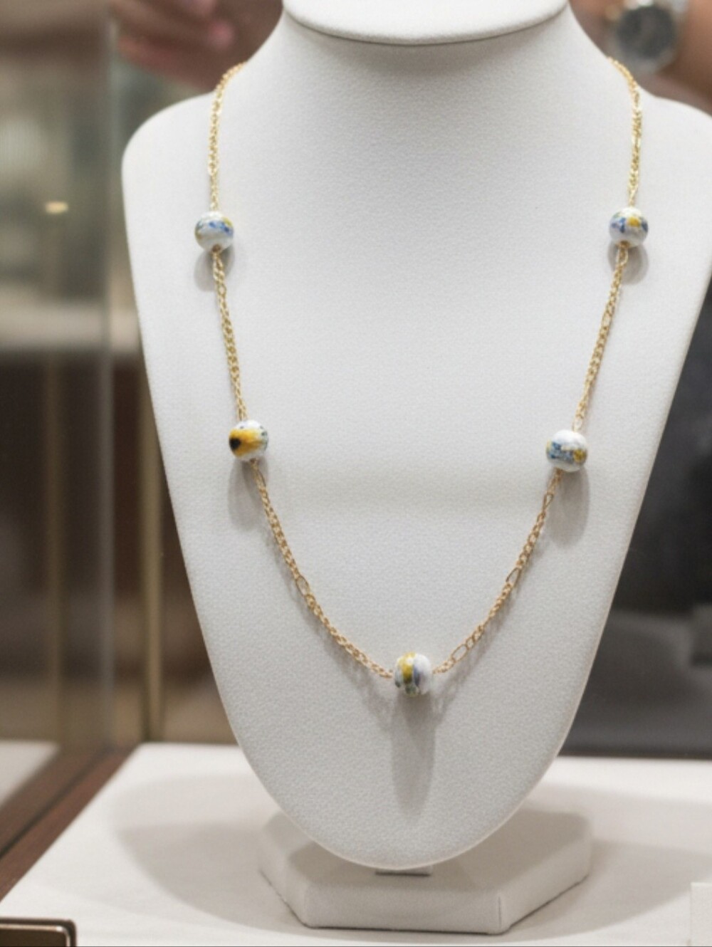 Gold Chain Necklace with White and Yellow Bead Accents